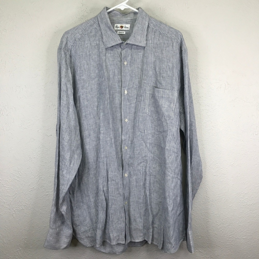 Alan Paine Linen Shirt Mens XL Blue White Striped Updated Fit Long Sleeve Button